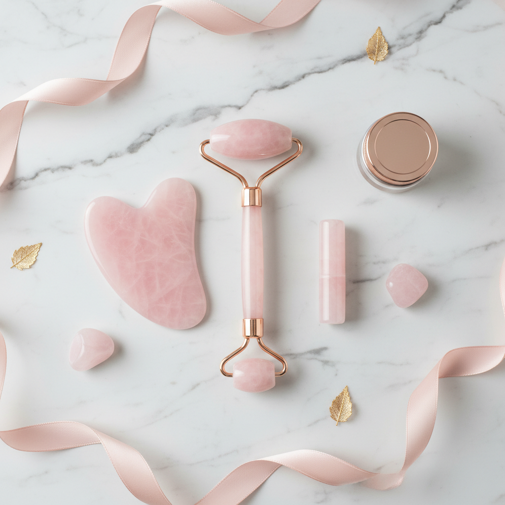 Rose Quartz Gua Sha and Facial Roller Set flatlay