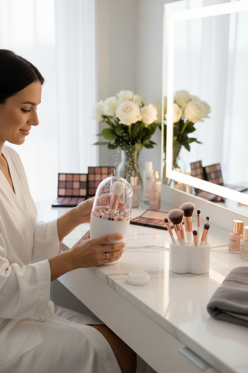 Woman using electric spinning makeup brush cleaner