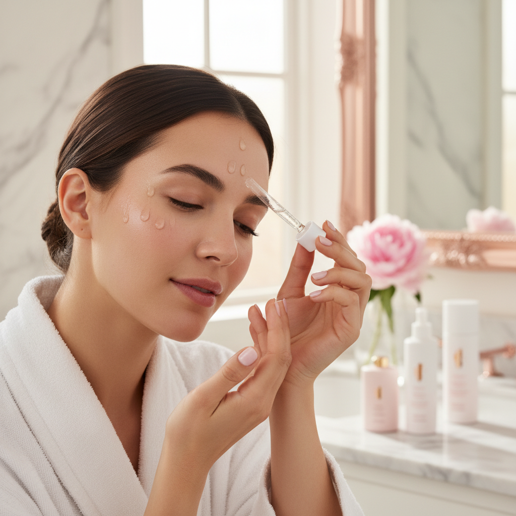 Woman applying snail mucin serum to glowing face
