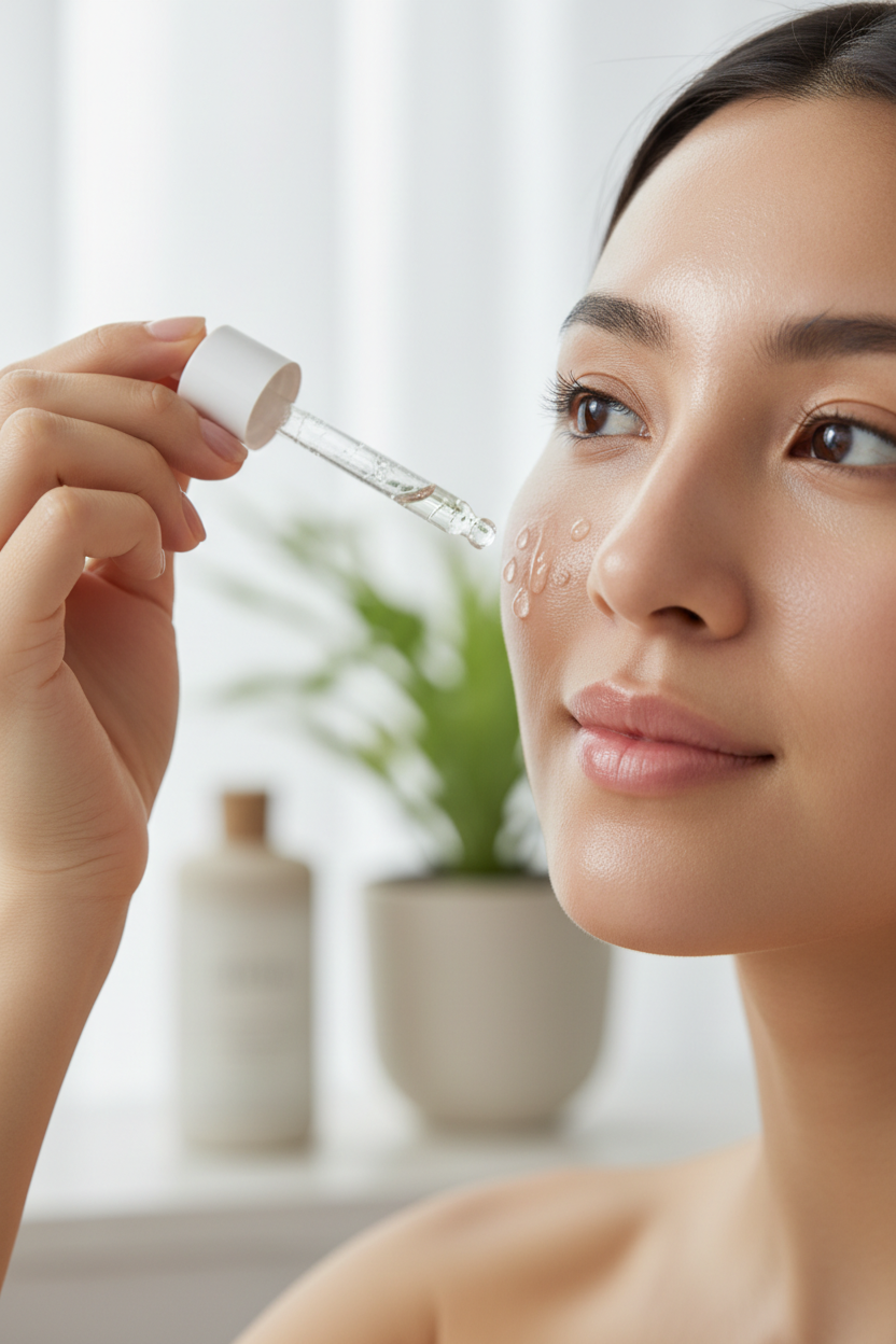 Woman applying snail mucin serum