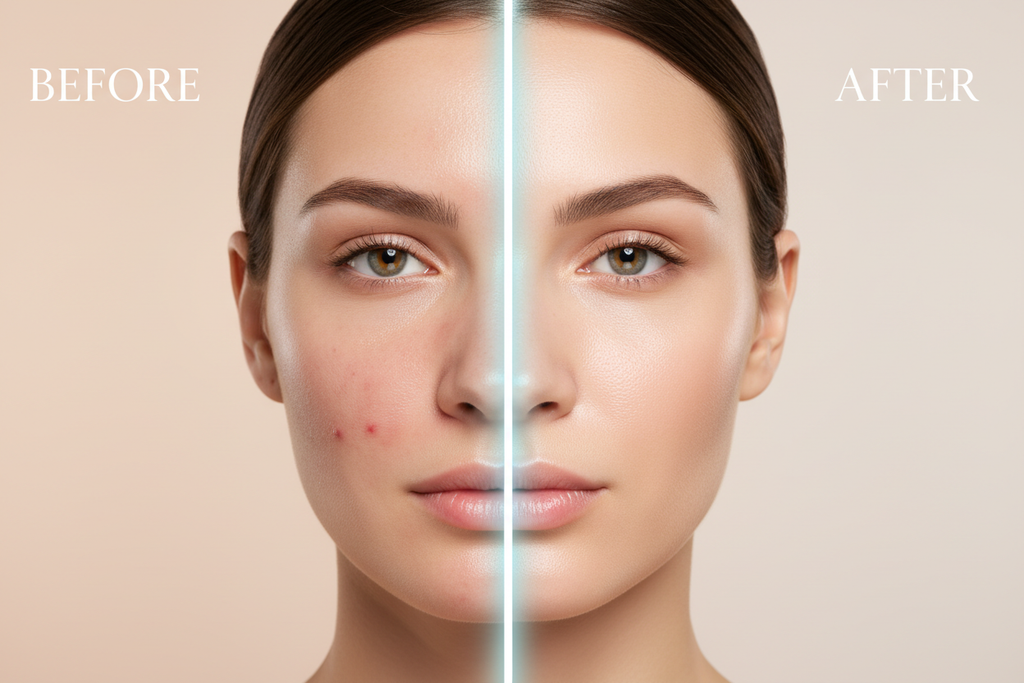 Before and after LED light therapy face mask results