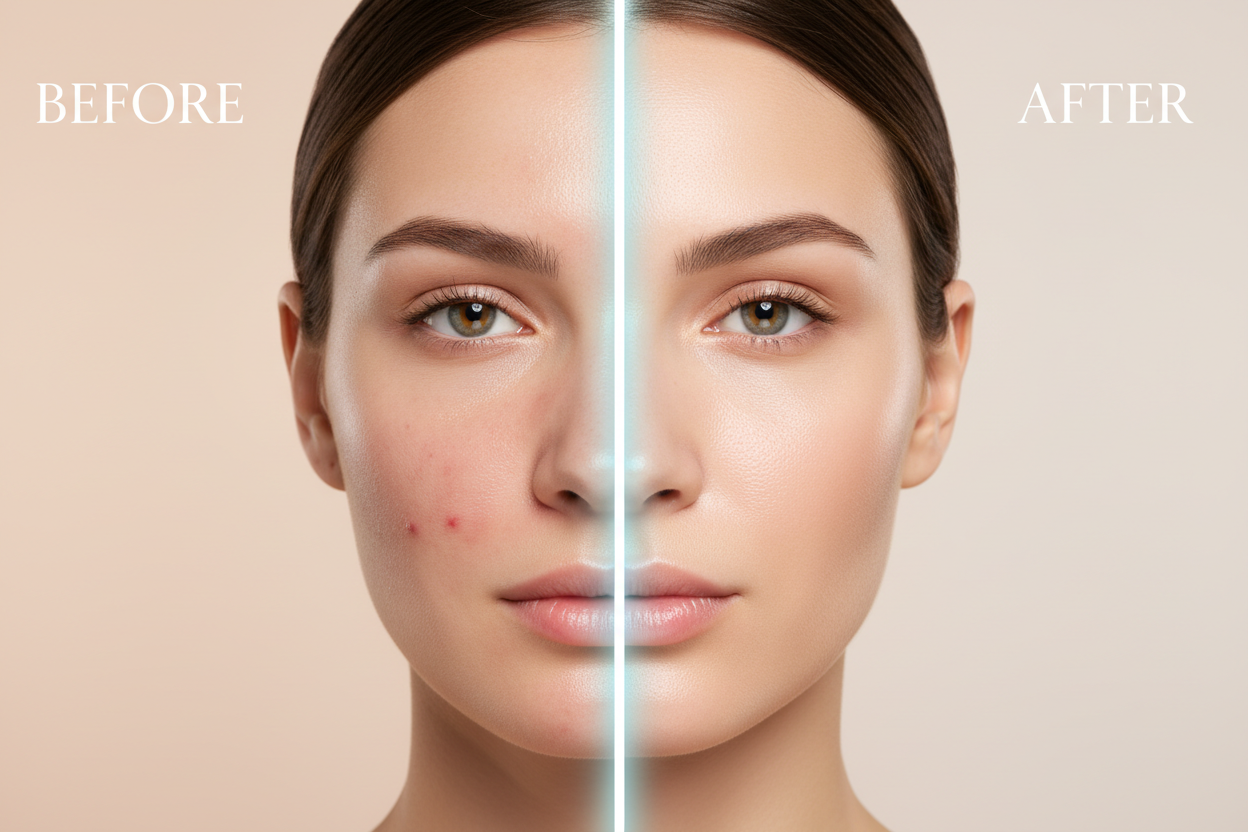 Before and after LED light therapy face mask results