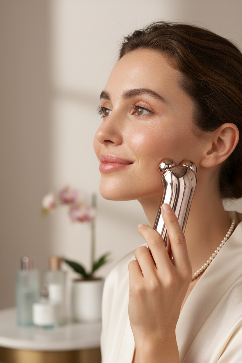 Woman using microcurrent facial massager on jawline