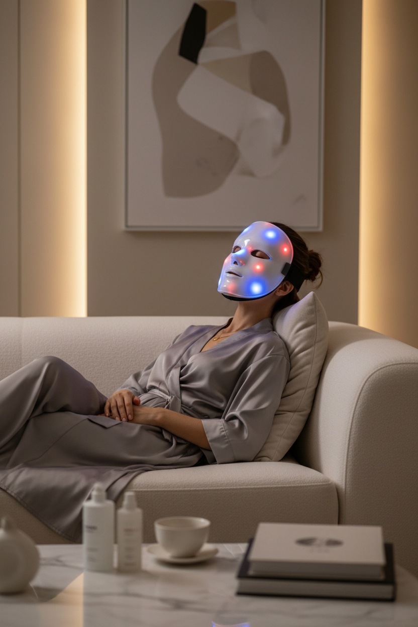 Woman wearing LED light therapy face mask