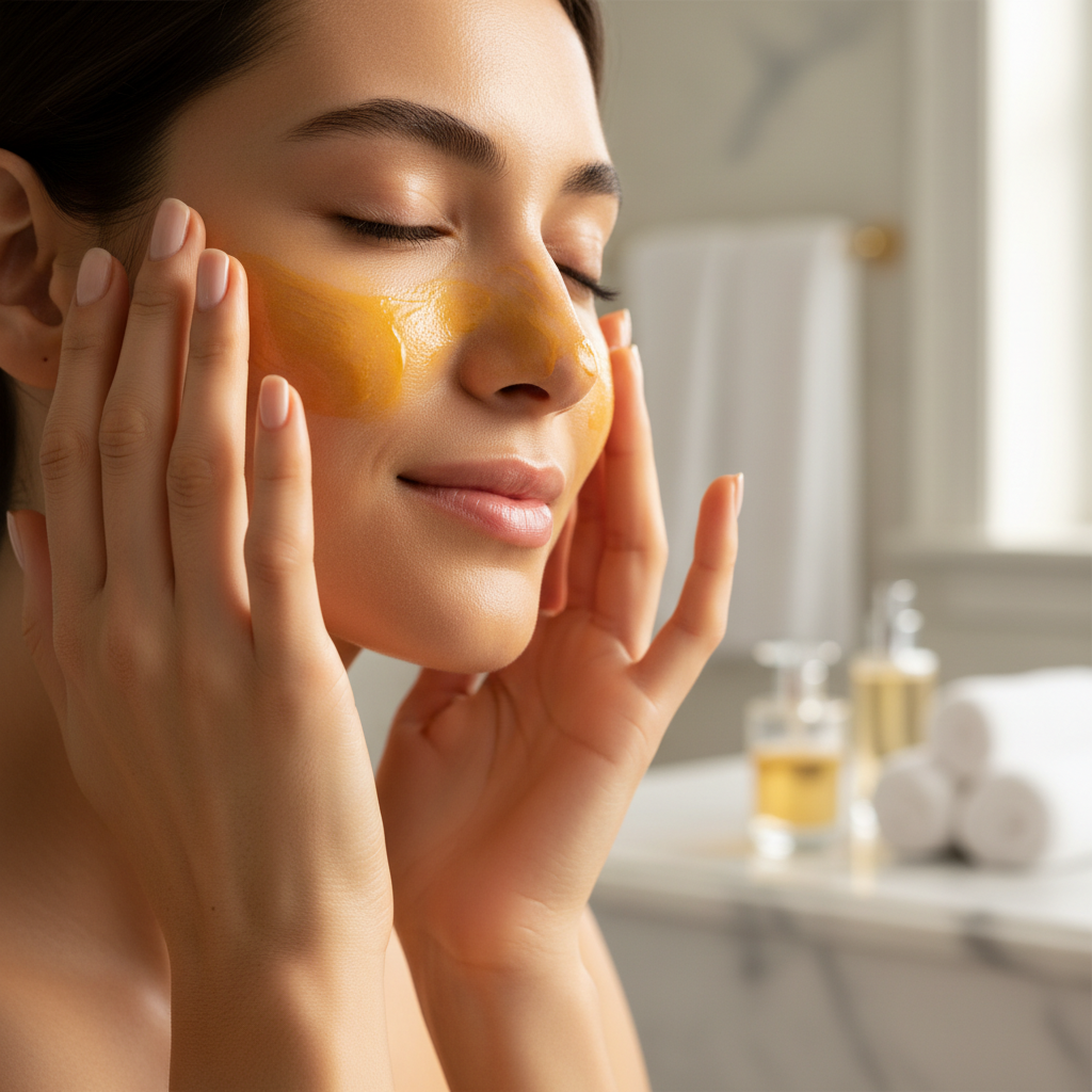Woman applying turmeric serum to face