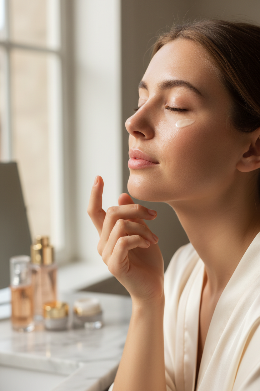 Woman applying eye cream under eyes