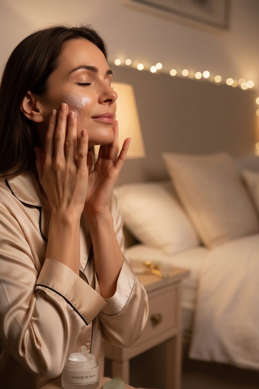 Woman applying night cream skincare routine