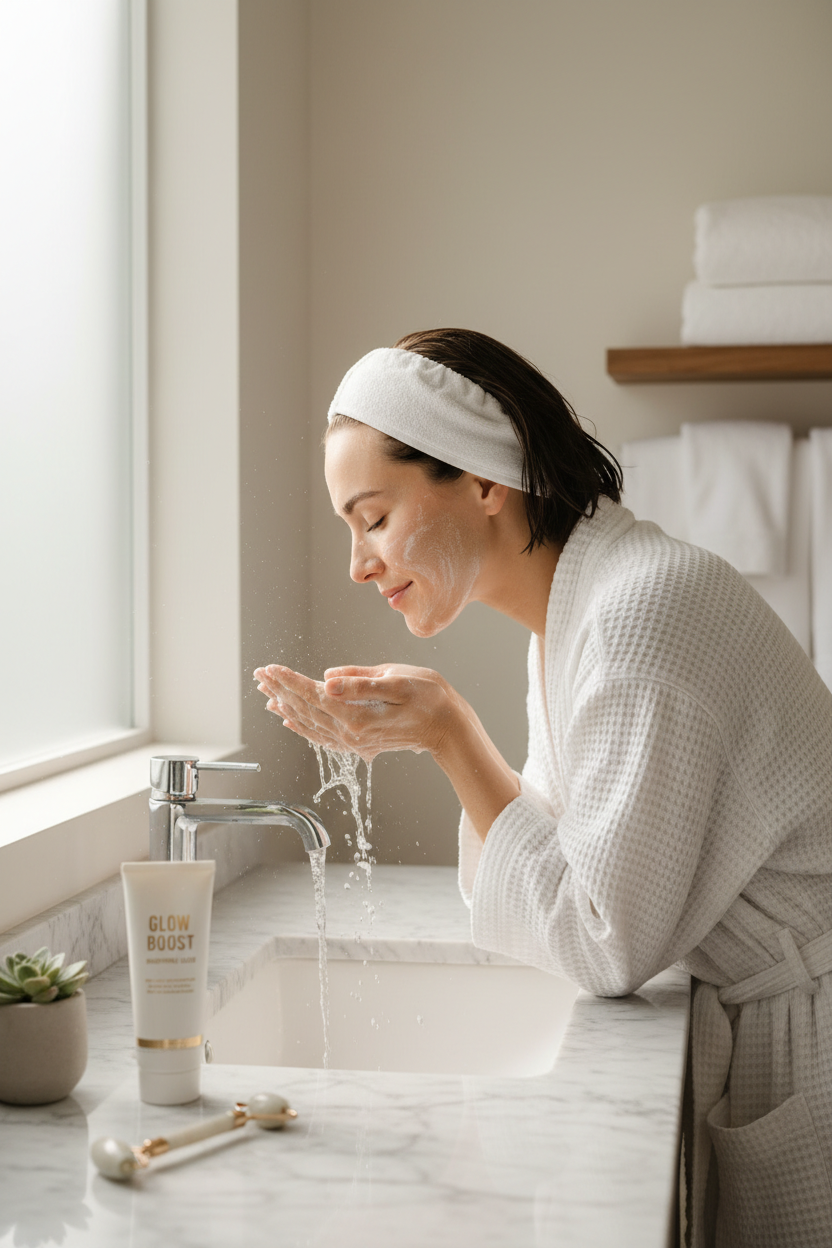 Woman washing face with brightening cleanser