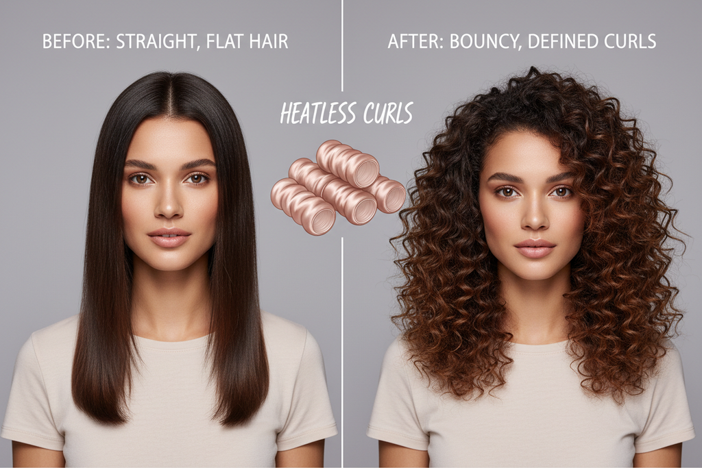 Before and after heatless hair curling roller results
