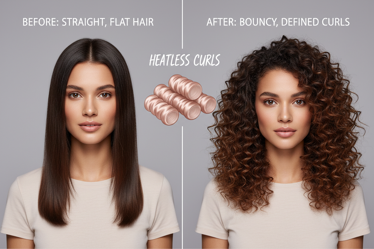 Before and after heatless hair curling roller results