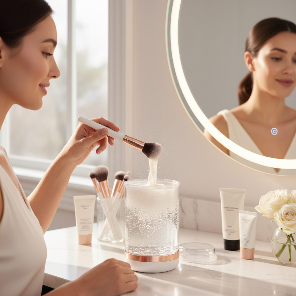 Woman using rotating electric brush cleaner in vanity setting