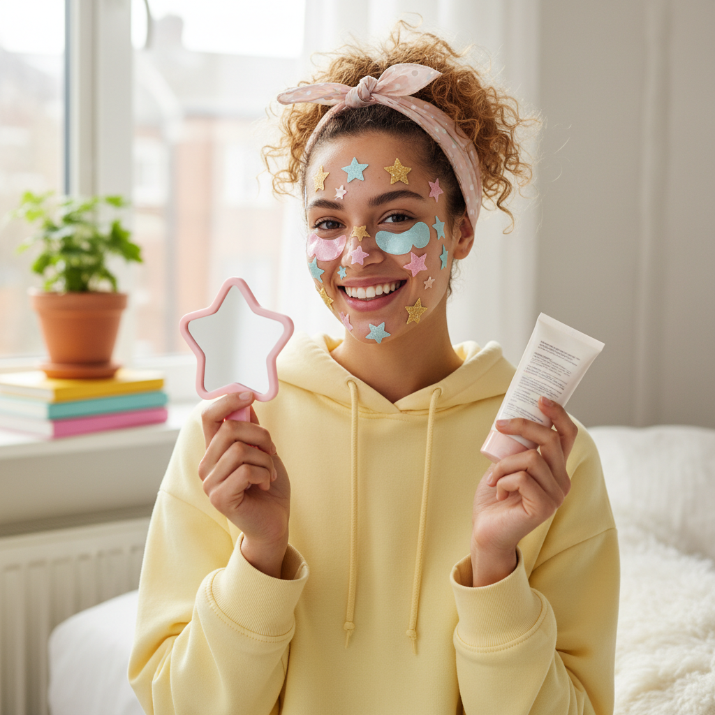 Woman wearing star-shaped pimple patches smiling confidently