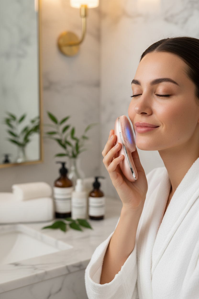 Woman using silicone facial cleansing scrubber