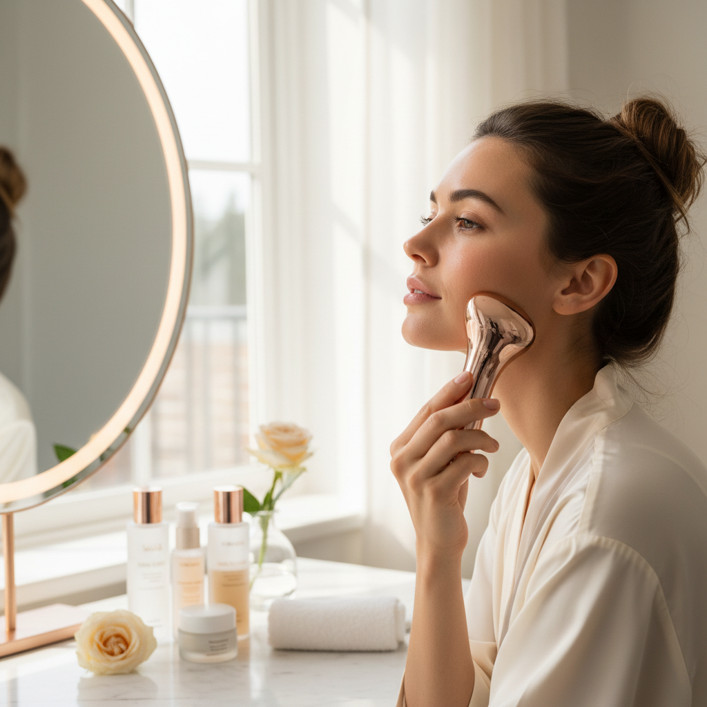 Woman using microcurrent massager along jawline