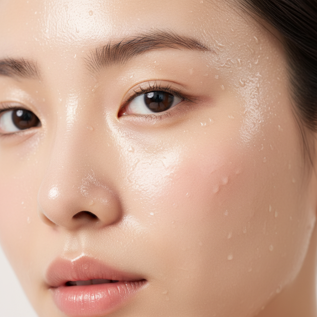 Deeply hydrated dewy glass skin close-up result