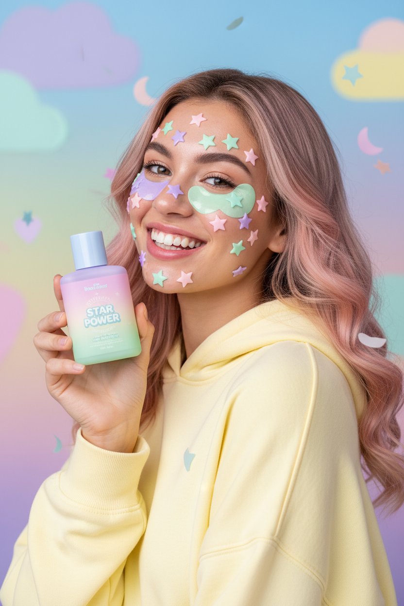 Woman with fun star shaped acne patches on face