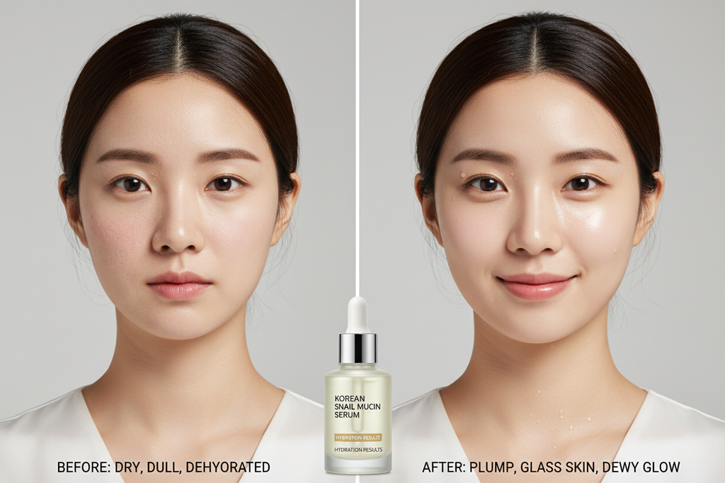 Before and after snail mucin serum hydration results
