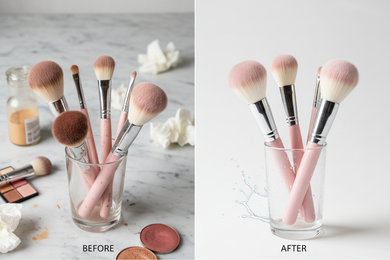 Before and after makeup brush cleaning results