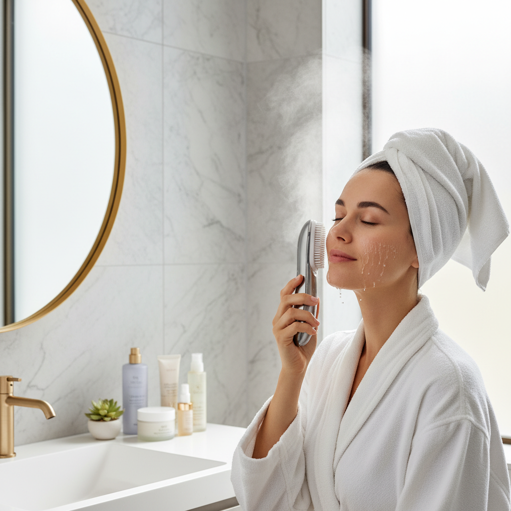 Woman using ultrasonic skin scrubber on face