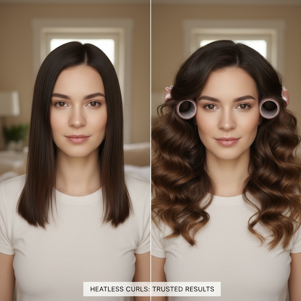 Before straight hair vs after beautiful bouncy heatless curls