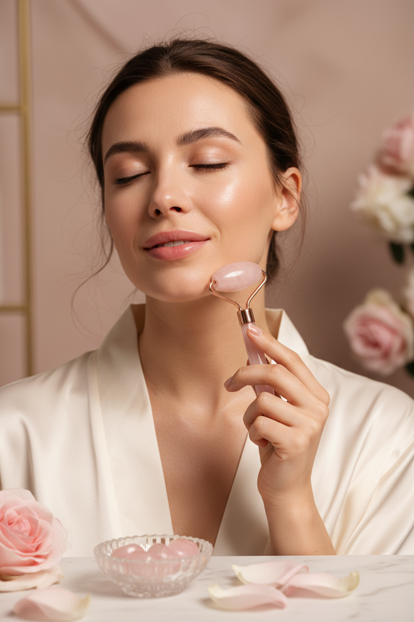 Woman using rose quartz facial roller on glowing skin